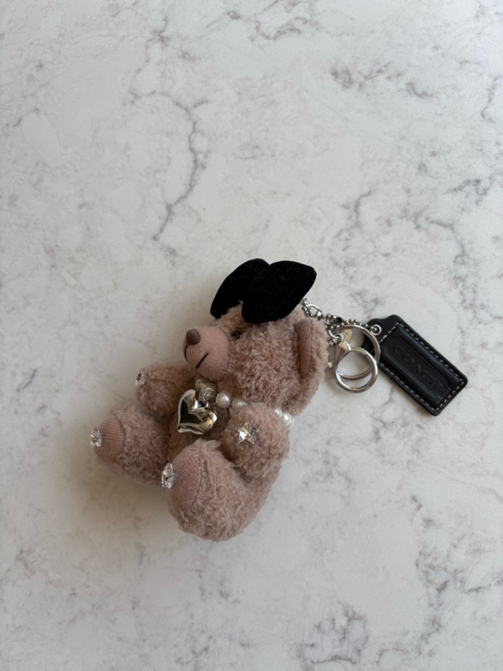Plush Teddy Keychain with Black Bow and Heart Charm Coach Hang Tag Bag Charm